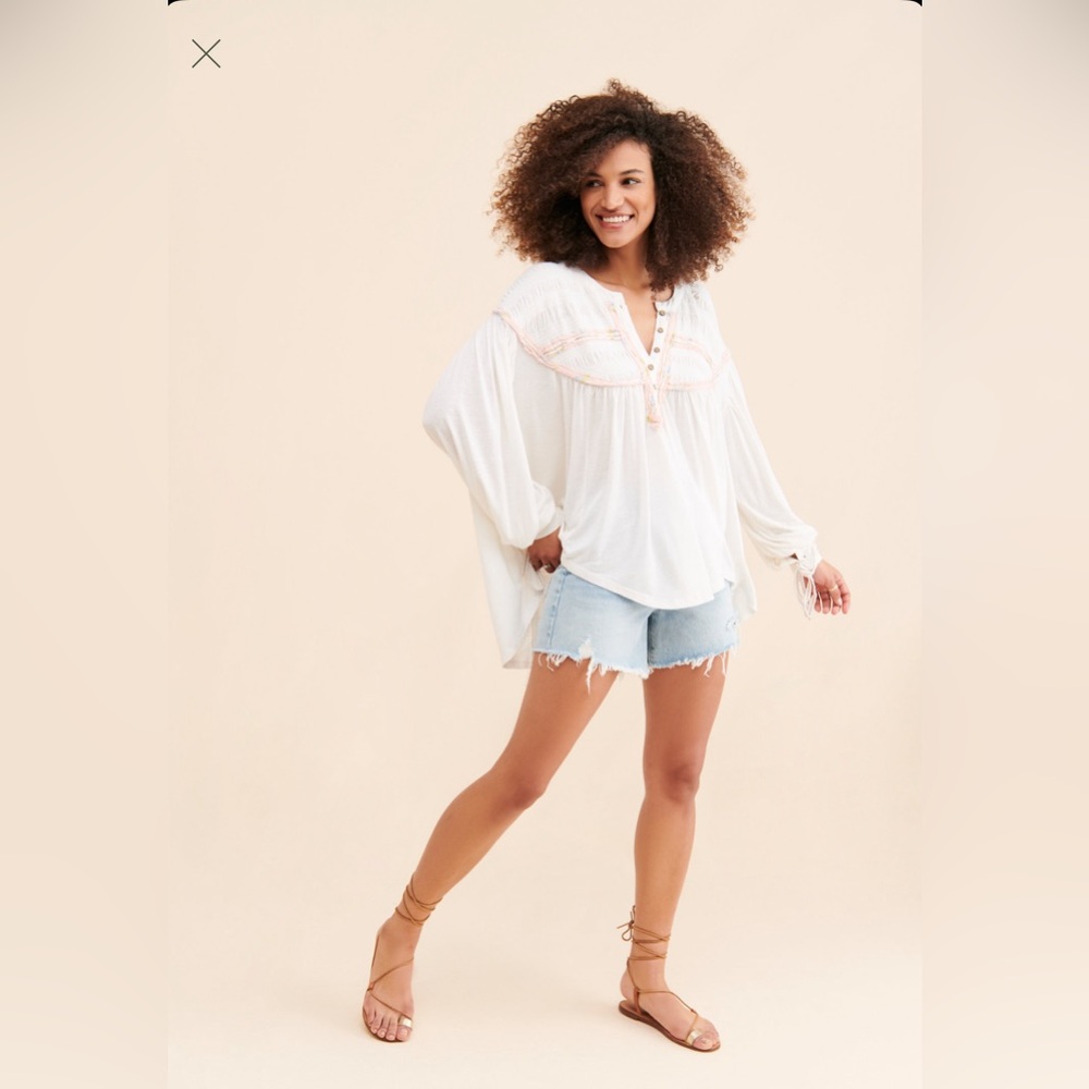 Free People Mara Mae Top Embroider  Pleating Smocked Tie Cuff Ivory Pink